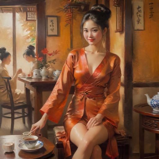 茶肆内顾客安静品茶情景