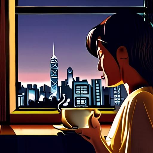 夜晚窗边喝茶的温馨画面