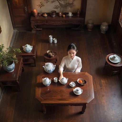 茶桌上摆放精致的茶具，木质纹理温暖