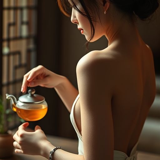 茶艺师优雅地冲泡茶叶，水汽氤氲