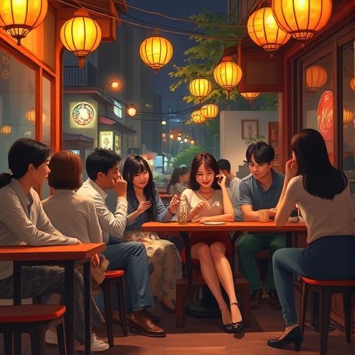 茶肆夜谈的温馨画面