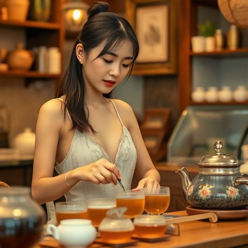 店员在茶肆里认真调制一杯茶