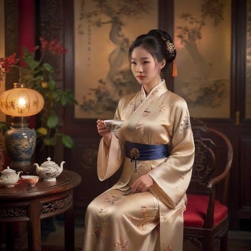 茶艺师在茶桌前讲解，背景古色古香