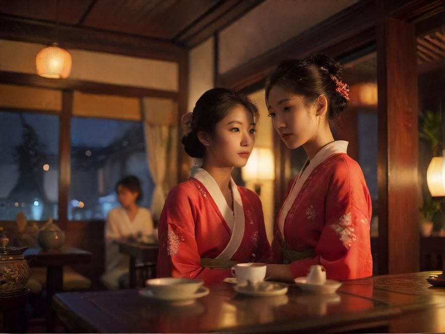 广州茶楼夜间温馨氛围