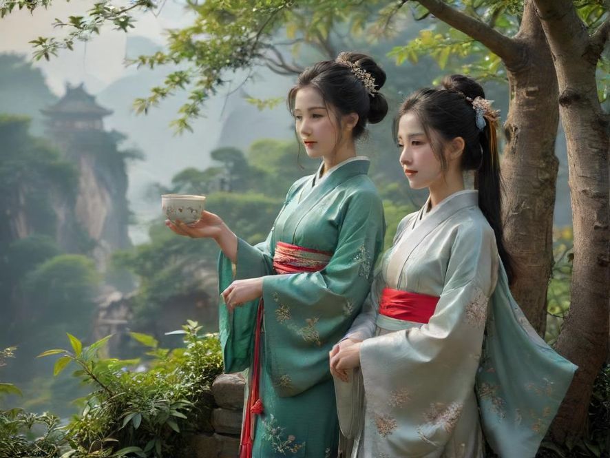 广佛私密茶道空间，茶艺师优雅的身影，光线柔和
