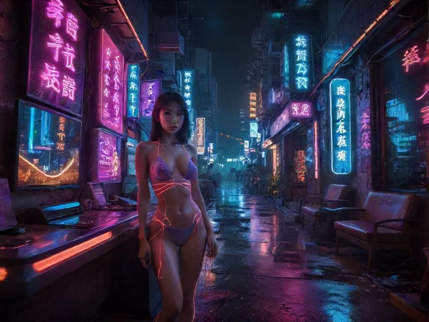 广州夜晚霓虹灯下的潮流街景，展现都市活力