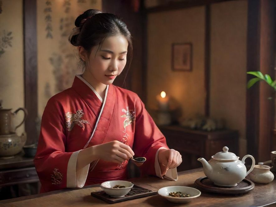 茶艺师优雅泡茶，茶香弥漫的唯美场景