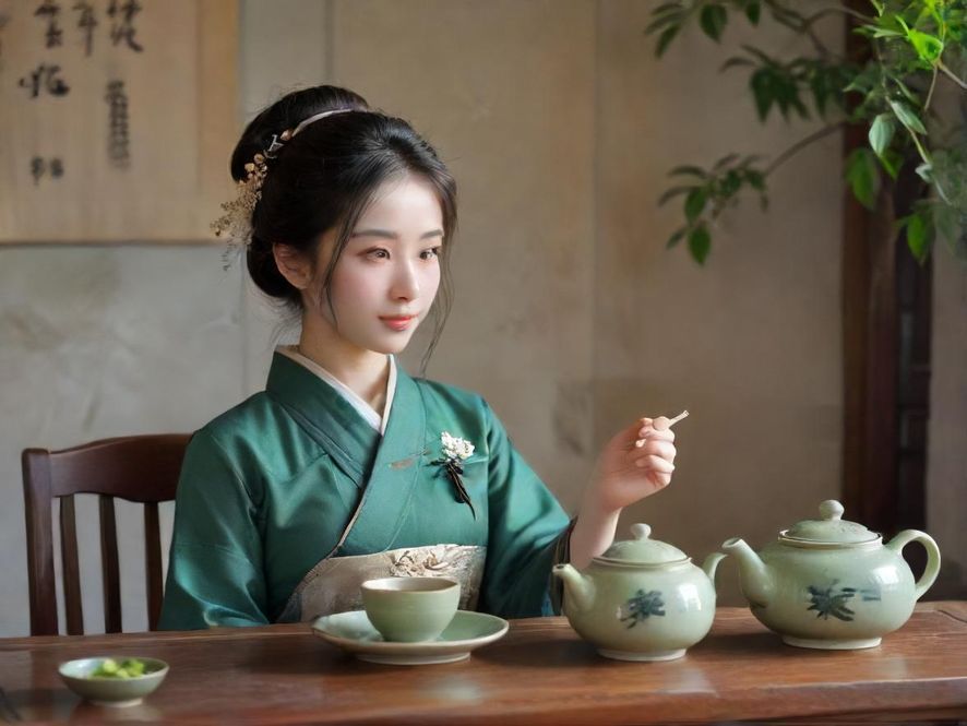 精致的茶具摆放在古色古香的茶馆包间里，营造出一种私密休闲的氛围。