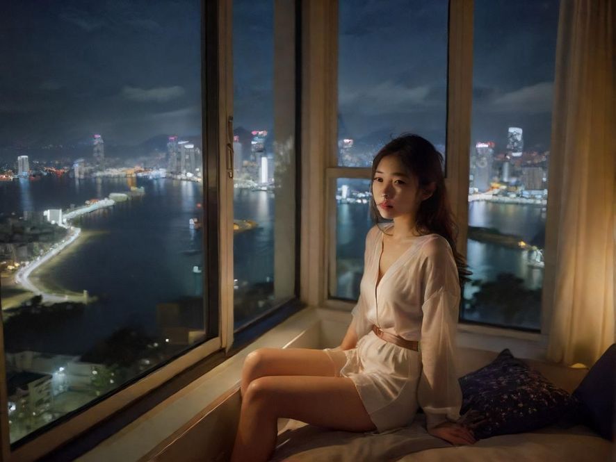 从高层公寓窗边俯瞰深圳璀璨的都市夜景，窗内是宁静的氛围，窗外是流动的梦幻光影，展现城市中的一份静谧与奢华。