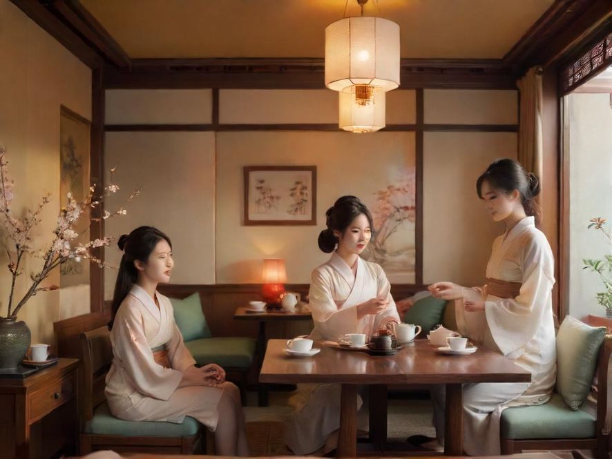 一间温馨私密的茶室，光线柔和，充满现代中式风格的装饰，营造出宁静舒适的氛围。