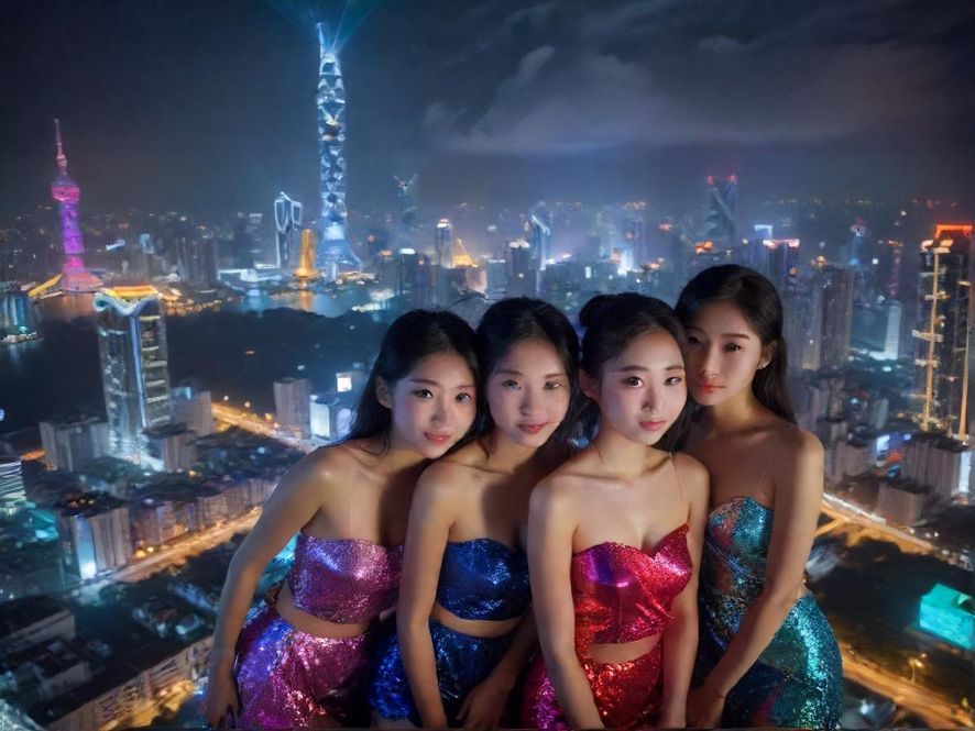 广东夜景，高楼林立，霓虹闪烁，车水马龙，充满活力与神秘感。