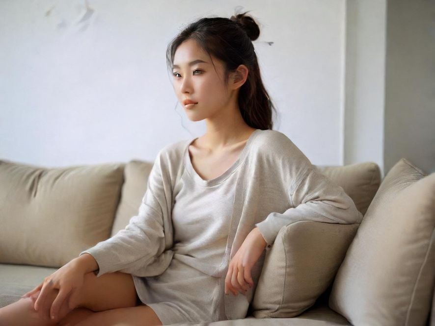 一位女性在舒适的沙发上放松惬意，侧身特写，背景模糊，营造出轻松自在的氛围。