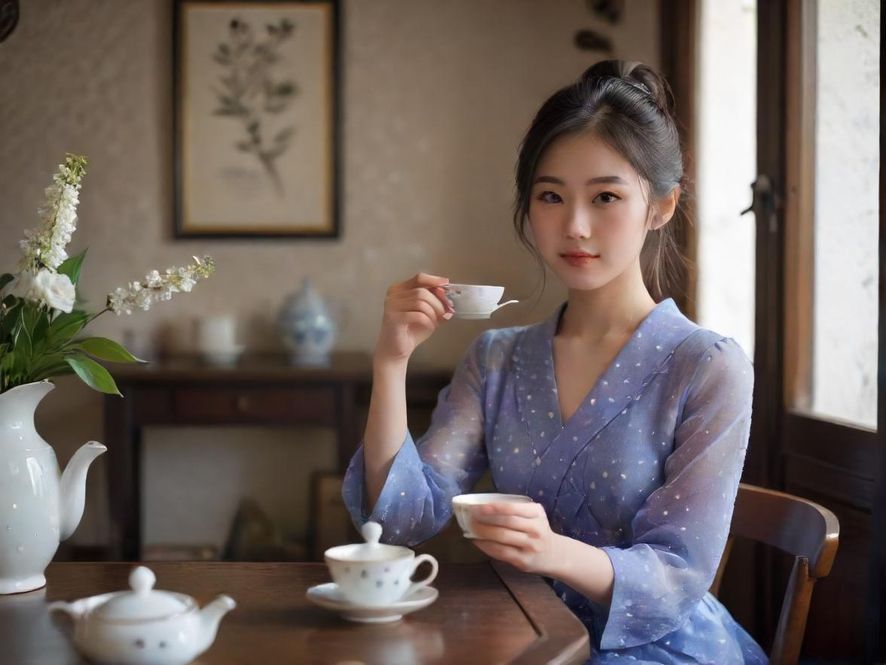 一位气质优雅的女士在温馨宁静的茶室中，轻柔地品尝着香茗，光线柔和，氛围安逸。