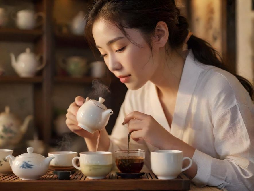 一位茶艺师正在专注地进行茶道表演,侧面视角捕捉其优雅的动作,背景柔焦处理,突出茶具和茶席的精致。