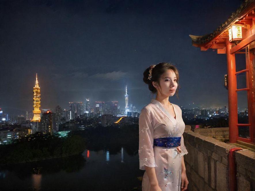 广州夜色下的街头景象，霓虹灯闪烁