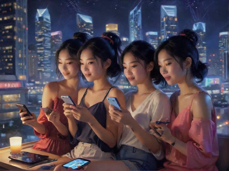一个年轻人在夜晚的城市背景下，轻松愉快地通过手机浏览娱乐内容