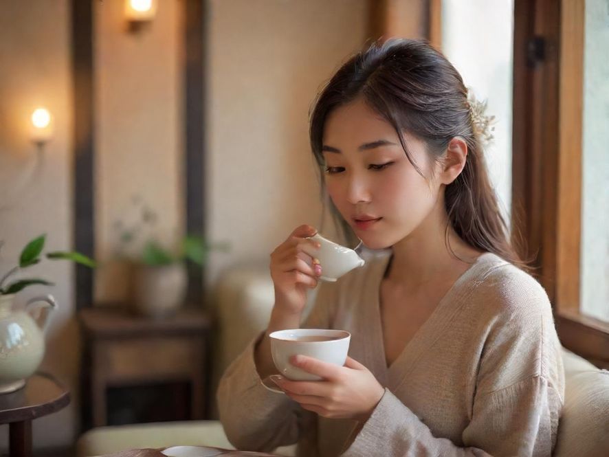 一位女士在温馨雅致的茶室中，享受着片刻的宁静与放松