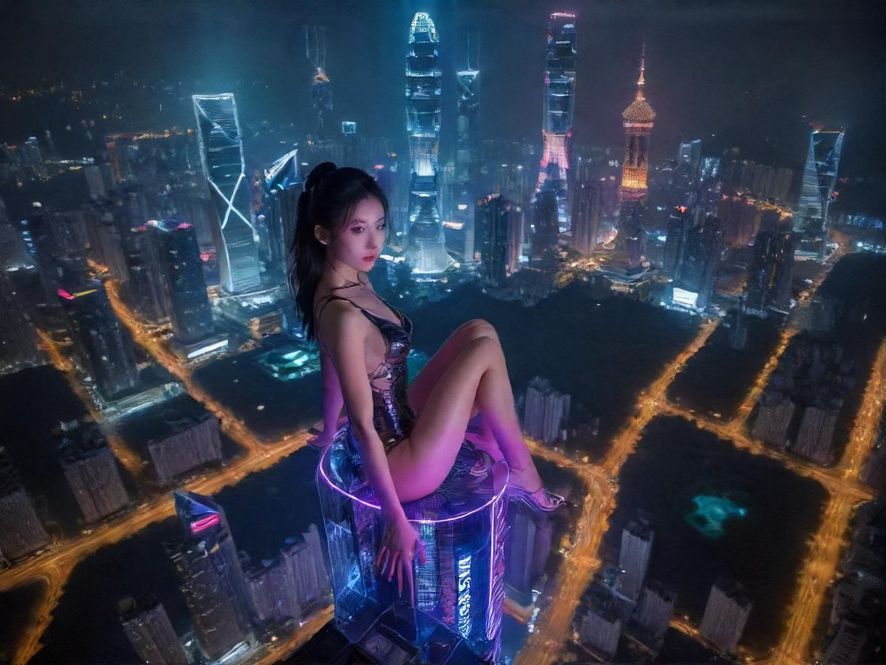 深圳璀璨的都市夜景，高楼林立，霓虹闪烁，充满未来感
