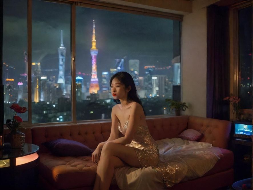 一辆流线型豪华轿车停在璀璨的都市夜景中，车内的人影若隐若现，仿佛在享受片刻的宁静与自我。
