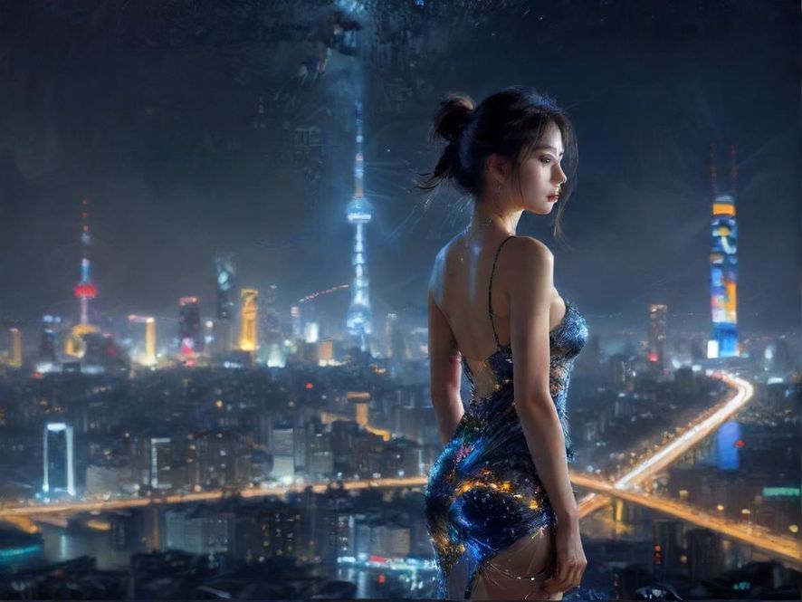 虚焦的城市夜景,一扇明亮的窗户在黑暗中突出