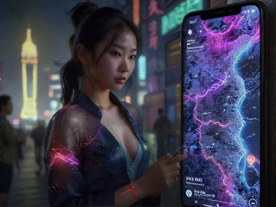 手机屏幕上显示着城市地图和几个标记位置