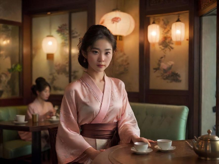 上海老洋房内的雅致茶室,柔和的灯光营造出温馨而富有东方韵味的氛围。