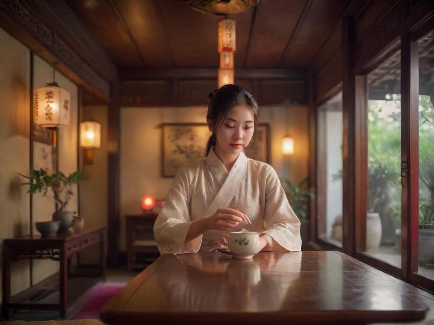 深圳福田茶会所内景,古朴典雅的茶具与柔和灯光营造出宁静氛围