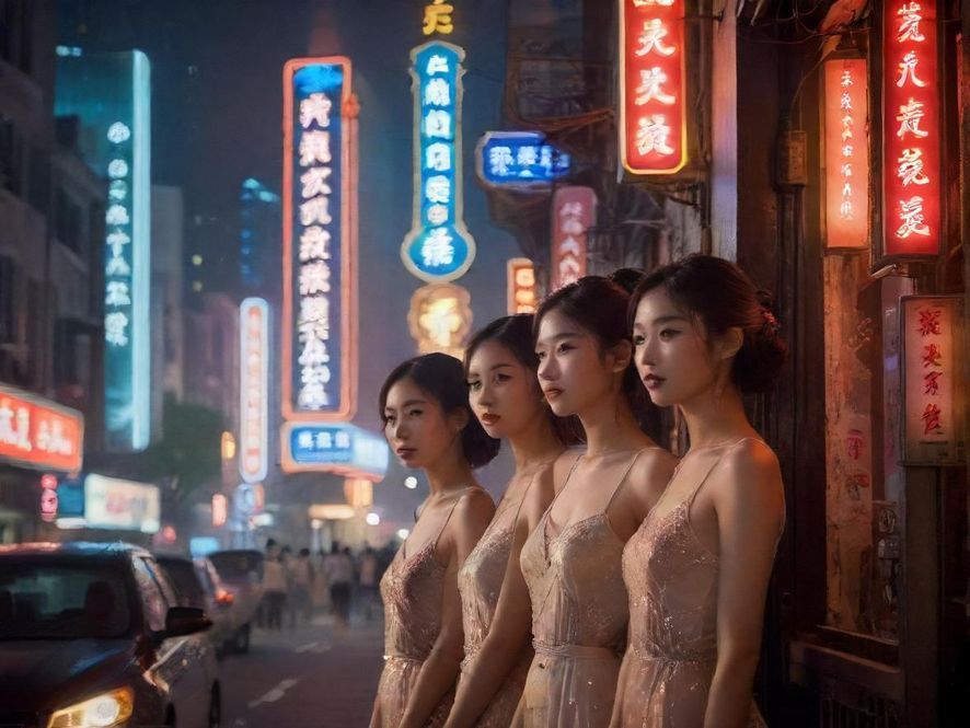 夜幕下的上海街头,霓虹灯光与历史建筑交织,营造出一种朦胧而浪漫的都市氛围。