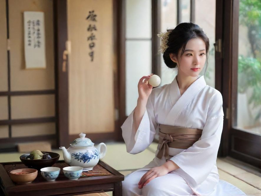 广州雅致茶室,一位美女正在品茶,侧面特写,展现唯美意境