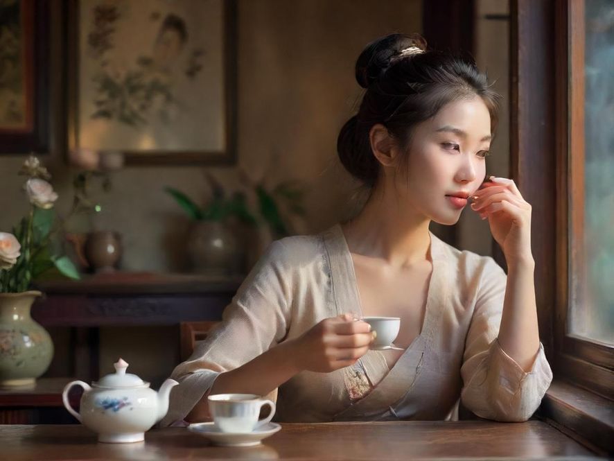 一位气质优雅的美女在温馨雅致的茶馆中品茶,侧面特写,光线柔和。