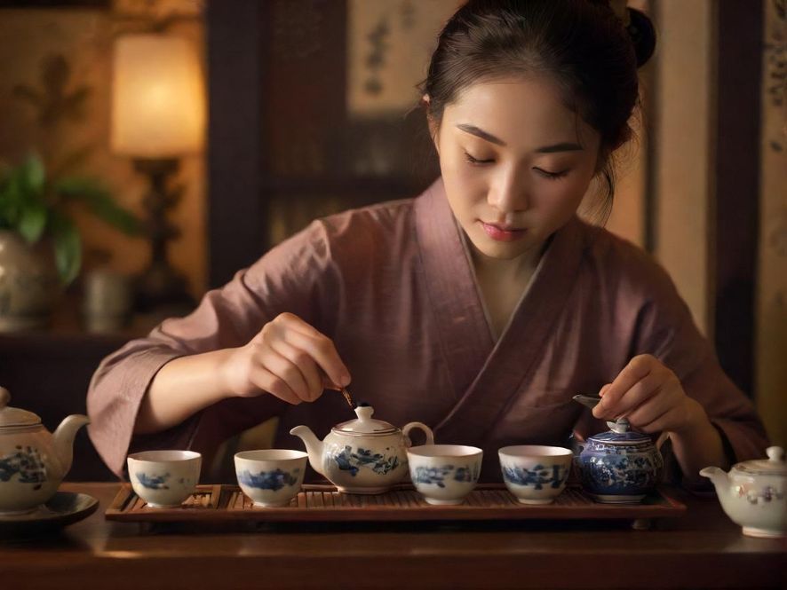 一位茶艺师正在用传统茶具泡茶,动作优雅专注