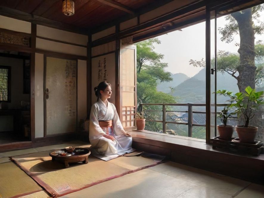 一位气质优雅的女士,侧身坐在窗边的茶桌旁,手中端着一杯茶,眼神望向窗外。窗外是若隐若现的都市建筑,室内则点缀着几盆绿植,光线柔和,营造出一种宁静而富有生机的画面。