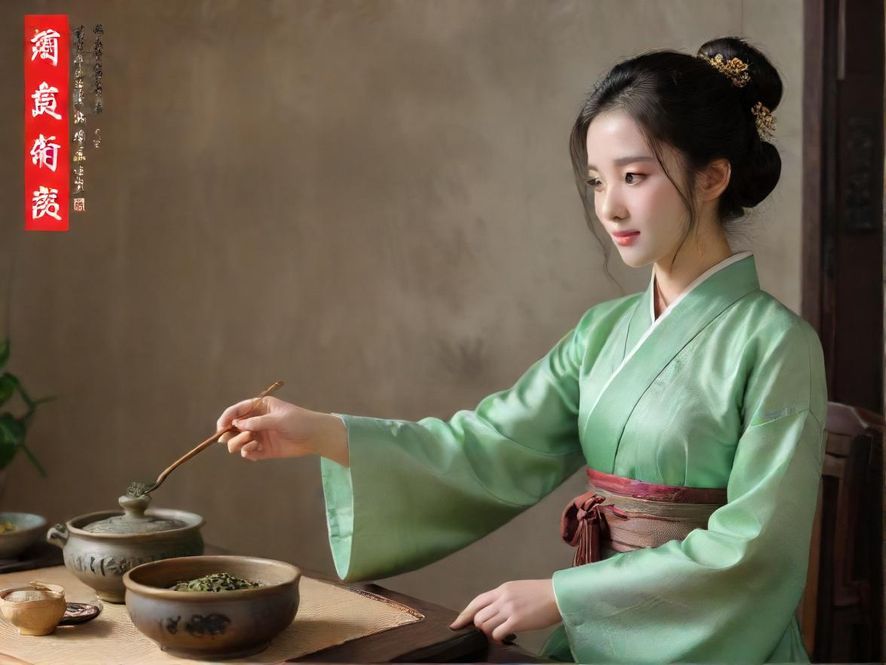 一位优雅女士在广州岭南园林风格茶室中品茶