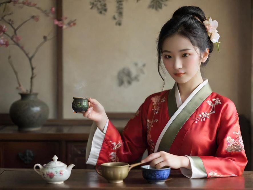 一位优雅的女性正在泡茶,细节特写,柔和光线,传统茶具,私密会所背景