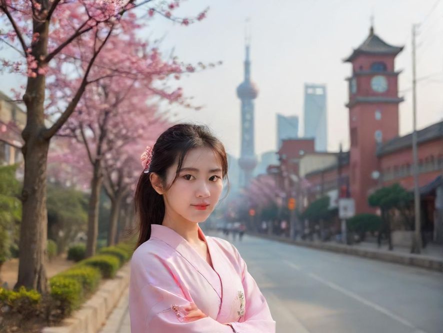 一个女孩背对着镜头,在城市街景中手持手机查看地图,充满探索感