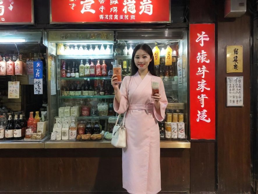 一位气质优雅的女士在广州顶级酒店露台,侧身回眸,背景是璀璨的城市夜景。