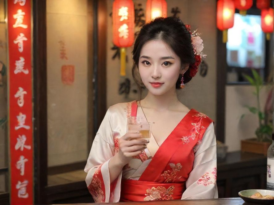 一位气质优雅的女性在奢华酒店套房中侧身回眸,眼神充满故事感。