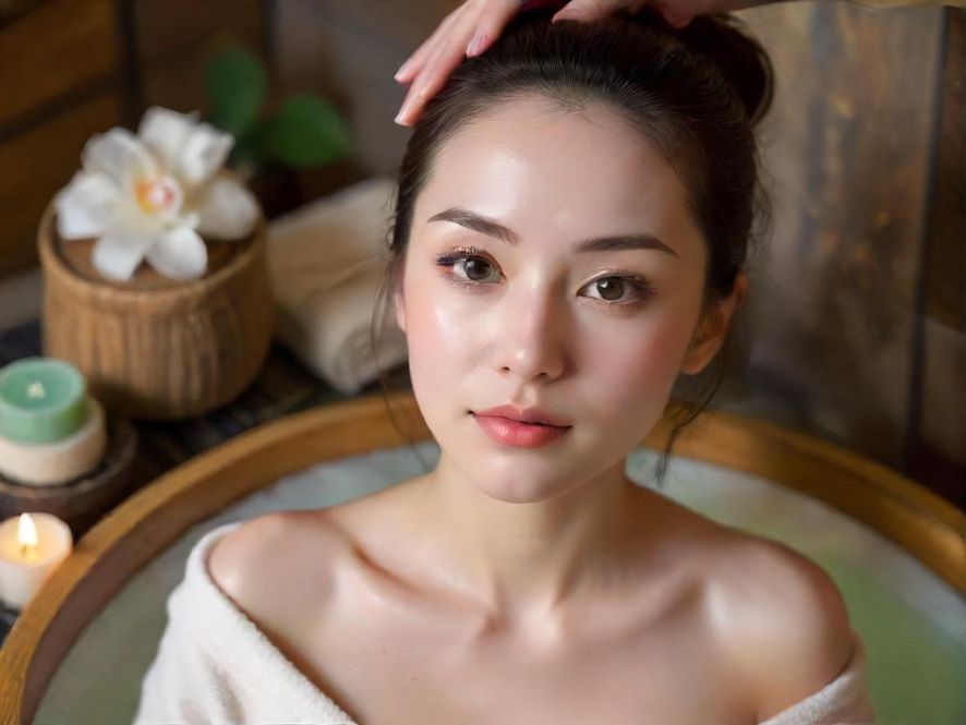 顾客在豪华SPA房享受泰式按摩,面部表情放松,营造舒适感。